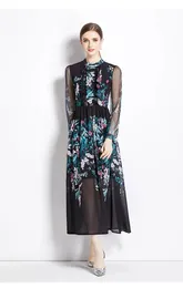 Basic Casual Dresses New Elegant Autumn Chiffon Long Sleeve Vestido Runway Women Stand Collar Flower Print Lace Ruffles Holiday Black Maxi Dress 2024