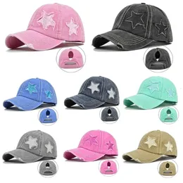Ball Caps Womens Washed Cotton Baseball Cap Glitter Star Embroidery Vintage Distressed Messy High Bun Ponytail Hole Trucker Hat 230410