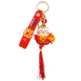 New Chinese element tassel Cartoon Lucky Cat Keychain Women Cat Car Key Ring Charm Bag Pendant Key Chain Gift Accessories