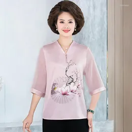 Kvinnors blusar 2023 Kvinnor Silk Satin Overdimensionerad Half Sleeve Vintage Print Floral Blouse Ladies Casual V-Neck Tops Shirts