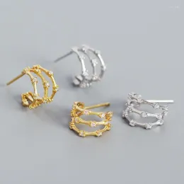 Stud Earrings French Light Luxury S925 Silver Ins Geometric Retro Three Layer Bamboo Knot Inlaid Diamond C-shaped