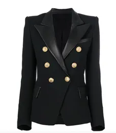 Kadınların en kaliteli blazer takım elbise orijinal tasarımcısı çift göğüslü ince fit metal tokaları yaka lüks blazer siyah deri cep büyük boyutlu dış giysiler