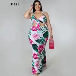 Sukienki plus w rozmiarze Perl kwiat nadrukowany kantar maxi bandaż zakrzywiona spódnica rozmiar letni strój przyczynowy damskie ubranie uliczne street noszenie 4xl 230410