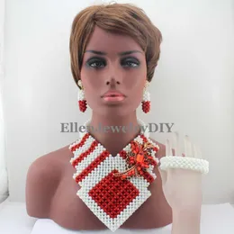 Necklace Earrings Set & African Big Costume Handmade Red/White Crystal Beads Nigerian Bridal Free Shipp W13337