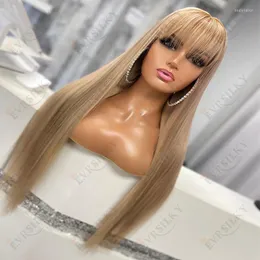 Ash Bronze Blonde Human Hair Fringe koronkowa koronkowa przednia peruka dla kobiet fala ciała peruwiańska prosta 200 peruk gęstości z grzywką