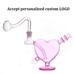 Hand bubbler smoking Water pipe Hookahs pink heart oil burner bong dab rig for smoking accessories with 10mm glass oil burner pipe accept personalized custom logo