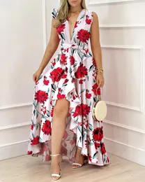 캐주얼 드레스 플 런지 하이 슬릿 주름 꽃 꽃 무늬 프린트 맥시 드레스 230410