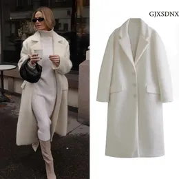 Womens Wool Blends GJXSDNX TRAF Fashion Autumn Winter Overcoat White Long Coat Lapel varm tjock mjuk fluffig jacka Löst snygg 231110