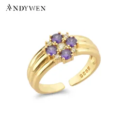 サイドストーン付きAndywen 925 Sterling Silver Gold FlowerZircon Purple Blue Lighter Ring Resizable Women Fine Jewelry Wedding Gift 230410