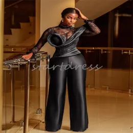 African Aso ebi Black Evening Dress 2024 Glam Long Sleeve Lace Bemsuit Prom Dress Trouses Pant Outfit Nigerian Mortial Party Walk Walk Black Girls Robe de Soiree