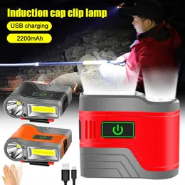 Head Lamps Portable LED Fiske Strålkastare 15 cm Smart sensor CAP CLIPL Ljus USB Laddningsbar Power Power Display Outdoor Camping Headlight Lamp P230411