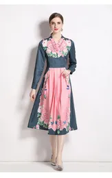 Grundläggande casual klänningar Nya nya eleganta kvinnor v hals långärmad klänning 2024 modebanan hösten vår rosa blommor tryck hit färg hög midja midi vestido