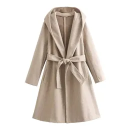 Misturas de lã feminina casaco mulher inverno 2023 com capuz casacos longos para mulheres cinto manga elegante cardigan outerwear 231110