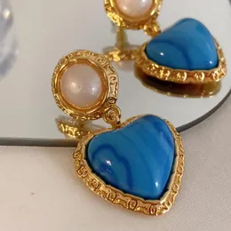 Orecchini a bottone francese retrò blu a forma di cuore perla femminile in argento 925 gioielli da donna