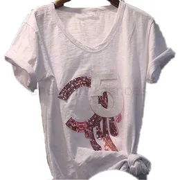 CCITY White Women Top T Shirt Letter Casual krótkie rękawowe cekinowe koszulka moda tee femme dama ubrania