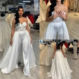 Boho Jumpsuit Wedding Dresses Overskirt Train For Bride Sweetheart African Nigeria Country Bridal Dresses 2024 Plus Size Laceful Decent Beach Farm Robe De Mariage