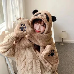 Berets 2023 Mode Panda Beanies Caps Winter Warme Mütze Casual Plüsch Schal Handschuhe Set Faux Pelz Frauen