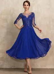 2024 أنيقة Royal Royal Blue-Length-Hength Chiffon Lace Mother of the Bride Dress Equins A-Line Gridal Guest Party Fonged Robe de Soiree