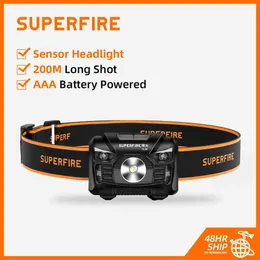 헤드 램프 Superfire HL06-A 미니 LED 헤드 램프 AAA 배터리 500 루멘 5 모드 모션 센서 캠핑 낚시 랜턴 P230411이있는 헤드 라이트 헤드 램프