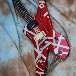 Edward Van Halen Striped Series Shark Satin Urethane Burgundy Metallic Silver Red Stripes Electric Guitar Chrome Eye Hooks Turnbuckles Braid Wire