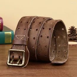 Bälten Luxe Marque Belt cowskin äkta läder mässing koppar dubbel nål spänne unga män varumärke cowboy cowboy