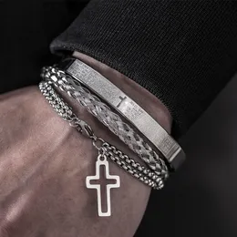 Charm Bracelets Luxury 3pcsSet Stainless Steel Cross Bracelet Men Jewelry Charm Open Brangle Carving Spanish Scripture Pulseira Bileklik 230412