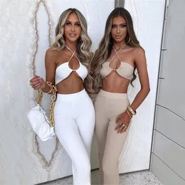 Women s Tracksuits wsevypo Sexy Two pieces Pants Suits Party Office Night Wear Women Cross Halter Wrap Bustiers Crop Tops High Waist Trousers Sets 230411