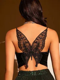 Camisoles Tanks Sexy Butterfly Borderys Mesh Velvet Cami Top Women Club Solid V Neck Sleesess Spaghetti Strap Crop Festy Roupos de festa 2023 230411