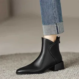 Inverno botas marrom apontou salto grosso curto para nova primavera outono única bota estilo inglês meados de couro macio chelsea