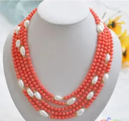 Chains Jewelry Natural 5row 21" Pink Coral Bead White Baroque Pearl NECKLACE