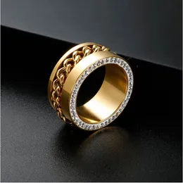 Vintage Crystal Cuban Curb Link Chain Ring For Men Women Stainless Steel Gold Color Twist Pattern Designer Rings Female Jewelry