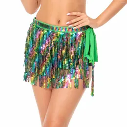 Scen Wear Sequin kjol Rave Wrap Dance Costume Tassel Belly Kort höft Harf Fringe för Cha Party Ballroom