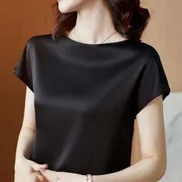 Damen T-Shirt Seide Dünn Kurzarm Top Koreanisch Slip Frau T-Shirt Sommerkleidung Elegant Schwarz Weiß T-Shirt Solide Lose Lässig Übergröße 230412