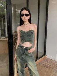 Women's Two Piece Pants Sweet Cool Girl Suit Summer Irregular Denim Strapless Vest Hole Straight Leg Two-piece Set Fashion Female Clothes