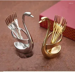 Forks 1SET Swan Fruit Holder Stainless Steel Salad Dessert Coffee Spoon Cake Tableware Zero Waste Talher Flatware XB 072