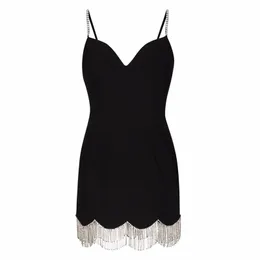 Kobiety sukienki imprezowe luksusowe diamenty rhinestone spaghetti pasek czarny kolor frędzle fringe dolne krótkie reresidos smlxl