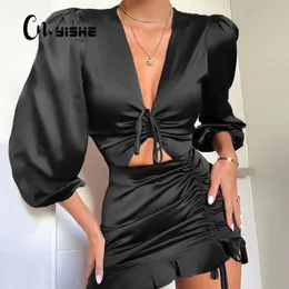 Two Piece Dress CNYISHE Sexy Deep Vneck Party Women Satin Lace Up Ruffles Holow Out Ruched Female Vestido Elegant Slim Mini es 230412