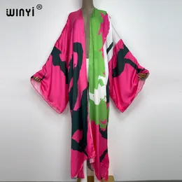 Kvinnors badkläder Winyi Summer Beach Wear Cover Up Lady Boho Cardigan Colorful Printing Elegant Silky and Skinvänlig Sexig Holiday Kimono 230412
