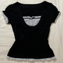 여자 T 셔츠 Korean Kawaii 패치 워크 여성 T 셔츠 Y2K Aesthetic Vintage Milkmaid Top Fairycore Grunge Square Collar Short Sleeve Crop 230412