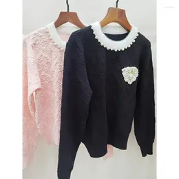 Maglioni da donna Love Pearl Perline per unghie O-Collo Pullover lavorato a maglia Dolce carino Slim Maglione corto a maniche lunghe Nero Rosa Top 2023 Autunno Inverno