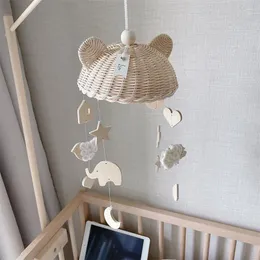 Mobiles INS Nordic Rattan Wind Chime With Wooden Pendant Kids Room Decoration Wall Hanging Ornaments Baby Comfort Toy Play Tent Bed Bell 230411