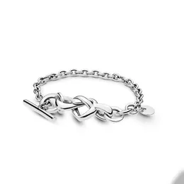 Knotted Heart T-Bar Chain Bracelet for Pandora 925 Sterling Silver Wedding Bracelets For Women Girlfriend Gift Link chains Love bracelet with Original Box Set