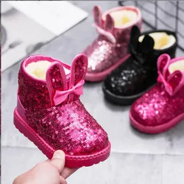 Winter Fashion Sequin Snow Boot Girls Plush Warm Non-slip Cotton Shoes Kids Fashion Bow Bunny Princess Shoes Children Ankle Boot