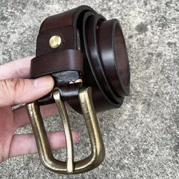 Bälten Mens Cowhide läderbälte förtjockade fullkorn Tungt tull Högstyrka mässing Buckle Hand Made Work 38mm Vintage