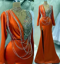 2023 년 4 월 Aso Ebi Orange Mermaid Prom Dress Beaded Crystals 저녁 형식 파티 두 번째 리셉션 생일 약혼 가운 드레스 Robe de Soiree ZJ516