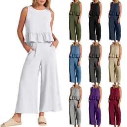 Women's T Shirts Spring Summer Sleeveless Ruffle Hem Top Straight Trousers Daily Leisure Suit For Women Shopping Camping Sets N7YE