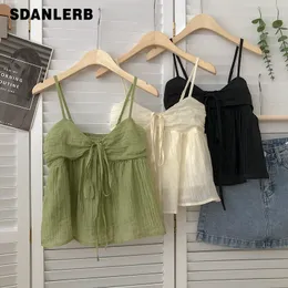 Camisoles Tanks Summer Korean Style Sweet Crop Tops All Match Bow Tie Sleeveless Short Mesh Outer Wear Spaghetti Strap Camisole Top 230411