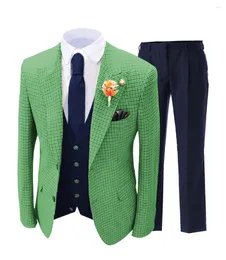 ملابس الرجال للرجال Homme Green Plaid Notch Lapel اثنين من الرجال 3 PCS Groom Wedding Terno Skinny Skinny Blazer (معطف سراويل)
