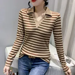 Kvinnors T-skjortor Spring Long Sleeve Shirt Women Turn-Down Collar Women's T-shirt Slim Cotton Elastic Striped Female Korean Style