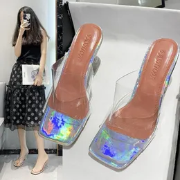 Slippers Fashion PVC Women Sandals Summer Open Toed High Heels Transparent Heel Party Shoes Pumps Zapatillas Mujer Casa